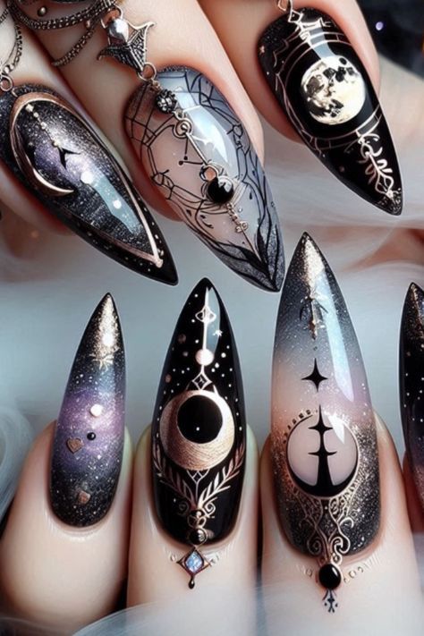 Witchy Nails Almond, Witchy Halloween Nails, Astrology Nails, Emo Nails, Imp Oc, Magical Nails, Bee Nails, Wife Clothes, Holloween Nails