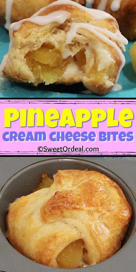 Pineapple Cream Cheese Bites: delicious layers of sweet tropical pineapple and cream cheese surrounded by a flaky crescent crust. In addition to being a scrumptious part of breakfast, they are the perfect brunch dessert for your table. Step-by-step instructions show how easy it is to fold the flaky crescent around the delicious layers. Not just for breakfast, these Bites are a wonderful snack or treat throughout your day. Recipe With Pineapple Chunks, Cresent Roll Desserts, Pineapple And Cream Cheese, Crescent Desserts, Cream Cheese Bites, Crescent Roll Recipes Dessert, Cream Cheese Puffs, Pineapple Cream Cheese, Crescent Roll Dessert