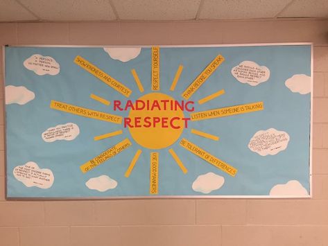 Respect Board. Ways to be respectful on the rays and quoted about respect on the clouds Respect Classroom Door, Respect Classroom Display, Respect Banner, Respect Bulletin Board Ideas, Respect Bulletin Boards, Behavior Bulletin Boards, Respect Classroom, School Counselor Bulletin Boards, Counselor Bulletin Boards