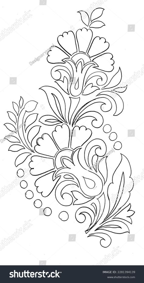 Fly Stitch Leaf Filling Design In Aari, Alpona Design Drawing, Embroidery Motifs Drawing, Fabric Painting Motifs, Hand Embroidery Patterns Flowers Drawings, Bordado Jacobean, Floral Design Drawing, Seni Resin, Motifs Design