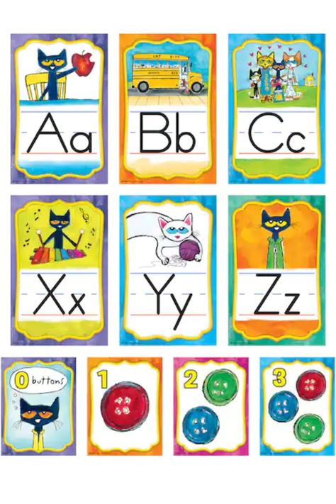 #affiliatelink . . . . . . Pete the Cat bulletin board set for your preschool or elementary school classroom! The set includes 26 Alphabet cards that measure 5.5" x 8.5" and Number cards 0-10 that measure 4.25" x 5.5". Pete The Cat Bulletin Board, Cat Bulletin Board, Alphabet Bulletin Board, Cat Alphabet, Cat Activities, Village School, Pete The Cats, Visual Reference, Cat Activity