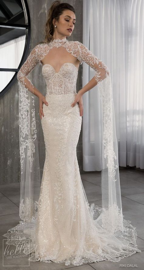 Sheath wedding gown with cape. Riki Dalal Wedding Dresses Spring 2019 Glamour Bridal Collection. Fitted lace wedding dress. Corset sweetheart strapless bridal gown. #weddingdress #weddingdresses #bridalgown #bridal #bridalgowns #weddinggown #bridetobe #weddings Dresses Glamour, Wedding Dresses Spring, Fitted Lace Wedding Dress, Baju Kahwin, Sheath Wedding Gown, Cape Wedding Dress, Fit And Flare Wedding Dress, Trendy Wedding Dresses, Lace Wedding Dress Vintage