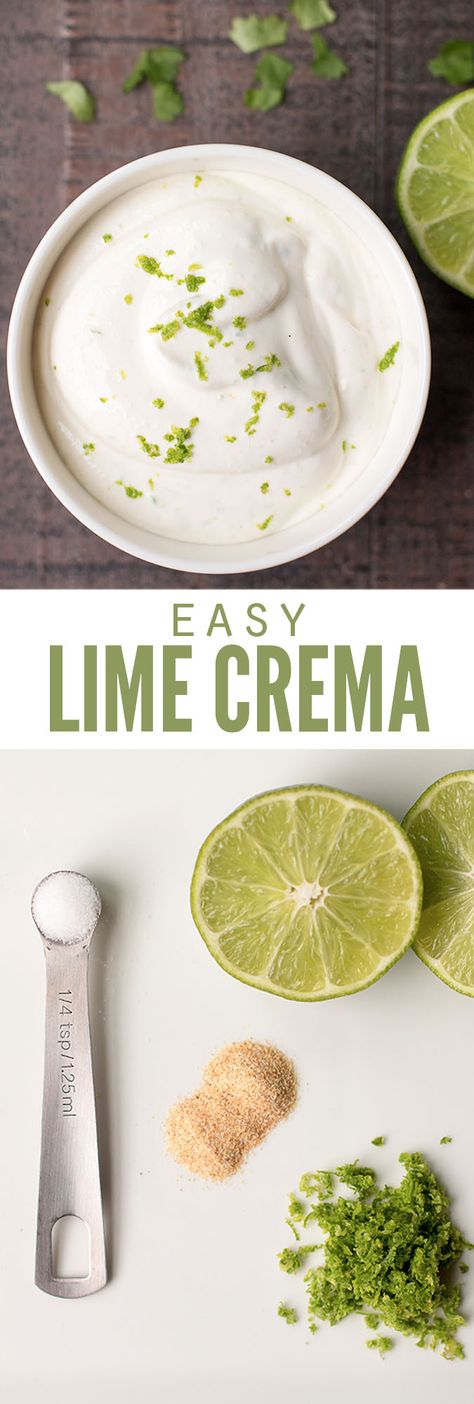 Taco Cream Sauce, Lime Crema Recipe, Types Of Tacos, Crema Recipe, Lime Crema, Vegan Coleslaw, Nachos Recipe Easy, Lime Cream, Fish Taco