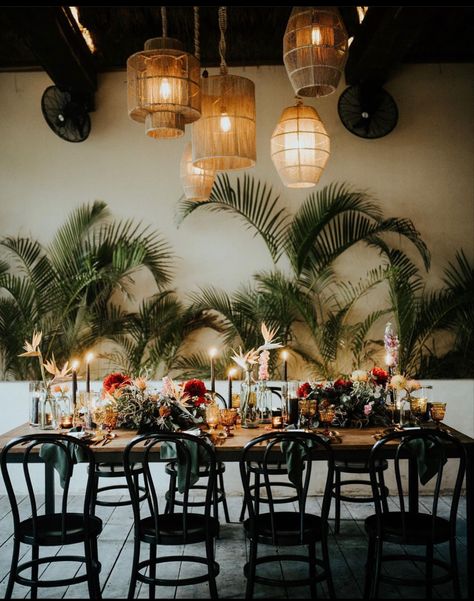 Moody Jungle Wedding, Cuban Decor Interior Design, Tropical Wedding Tablescape, Dark Tropical Wedding, Moody Tropical Wedding, Backyard Brunch, Rainforest Wedding, Cuban Decor, Moody Tropical