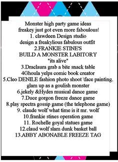 a list of monster high games and party ideas Monster High Birthday Party Activities, Monster High Activities, Monster High Birthday Party Decorations, Monster High Party Games, Monster High Party Ideas, Monster High Birthday Party Ideas, High Games, Monster High Birthday Party, Spelling Mistakes