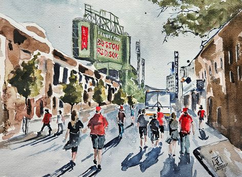 Boston Watercolor, Citgo Sign, Park Watercolor, Cave Art, Man Cave Art, Red Sox Baseball, Green Monster, Outdoor Concert, Fenway Park