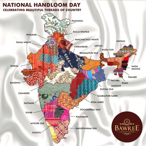 Celebrating The National Handloom Day! At Bawree Fashion Housewepays Tribute to all the weavers and craft communities to preserve the country's craft heritage. The origins of Indian textiles date back some 6,000 years. From Kashmir to Kanyakumari, every region/state​ ​has its own​ ​unique​ ​handloom techniques. Yes, we’re talking about hand skills that​ ​we are specialized into, beautifully handcrafted the best-in-class custom Indian fabric designs that suit your outfit.  #Kurtis #Dresses #Lehng Handloom Map Of India, Indian Handloom Sarees, Indian Fabric Patterns, Every Class Has, Indian Embroidery Designs By Hand, National Handloom Day, Handloom Day, Fabric Map, Indian Textile Design