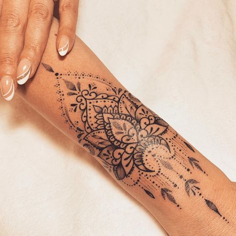 Mandala Tattoos Arm Woman, Inner Forearm Mandala Tattoo, Forearm Mandala Tattoo Women, Womens Arm Tattoos, Mandala Forearm Tattoo, Mandala Tattoo Sleeve Women, Forearm Mandala Tattoo, Mandala Arm Tattoo, Lace Sleeve Tattoos