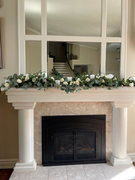 Eucalyptus Fireplace Mantle, Mantel Floral Arrangements Wedding, Wedding Mantel Flowers, Eucalyptus Mantle Decor, Flowers On Mantle, Wedding Mantel Decor, Wedding Mantle Decor, Wedding Fireplace Decorations, Garland Fireplace Mantle