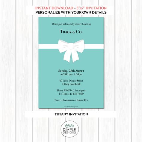 Tiffany Invitation Template - Printable - Suitable for Tiffany and Co. Bridal Shower / Kitchen Tea, Tiffany Baby Shower and Tiffany Birthday by Little Dimple Designs Bridal Shower Theme Invitations, Tiffany Birthday Theme, Tiffany Blue Invitations, Blue Invitation Template, Rehearsal Dinner Invitations Wording, Dinner Invitation Wording, Tiffany Birthday, Tiffany Baby Showers, Tiffany Party