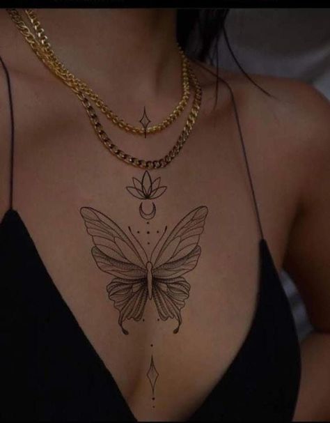 Simple Chest Tattoo Female Upper, In Between Chest Tattoo Female Butterfly, Chest Tatoos Woman, Chest Tattoos For Women Upper, Chest Tattoo Female Butterfly, Butterfly Chest Tattoo Female, Chest Butterfly Tattoo, Butterfly Underboob Tattoo, Sternum Tattoos For Women