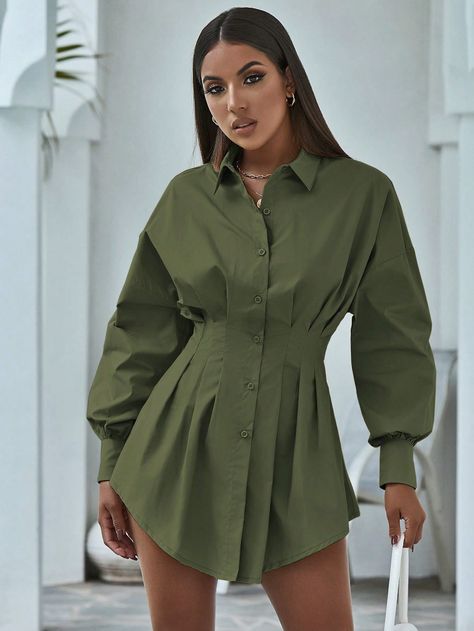 Button Front Pleated Waist Drop Shoulder Blouse Army Green Casual  Long Sleeve Fabric Plain Shirt Non-Stretch Spring/Fall Women Clothing, size features are:Bust: ,Length: ,Sleeve Length: Drop Shoulder Blouse, Green Shirts, Plain Shirt, Plain Shirts, Women Blouses, Green Shirt, Dress Sewing Patterns, Spring And Fall, Sewing Dresses