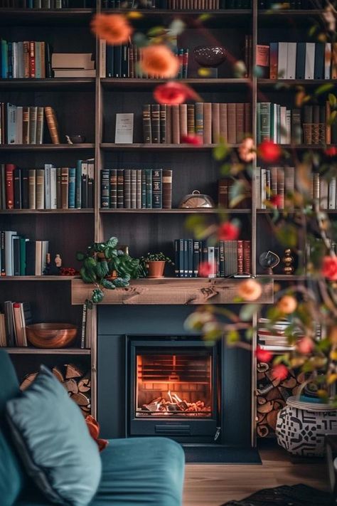 Cozy Fireplace Bookshelf Ideas for Your Home Electric Fireplace In Bookshelf, Fake Fireplace Bookshelf, Books Above Fireplace, Fireplace Library Bookshelves, Bookshelves Over Fireplace, Bookcase Wall With Fireplace, Library With Electric Fireplace, Books Over Fireplace, Bookcase Over Fireplace