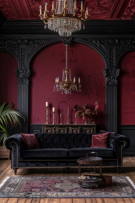 29 Dark Maximalism Ideas for Ultimate Sophistication Victorian Gothic Apartment, Dark Romantic Interior Design, Dark Red Dining Room, Red Goth Bedroom, Dark Red Decor, Dark Decor Aesthetic, Burgundy Interior Design, Dark Red Room, Dark Red Walls