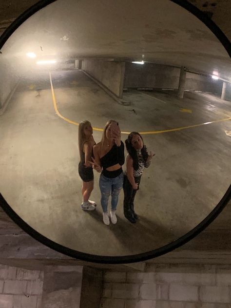 mirror, picture, trendy, pose, Instagram, friends, trio, parking garage, garage, aesthetic, outfits, 3 friends, night time, dark picture, girls, best fiends Parking Garage Mirror, Garage Mirror, Garage Photoshoot, Garage Pictures, Rooftop Photoshoot, Quinceanera Photoshoot, Friend Pics, Summer Picture Poses, Mirror Picture