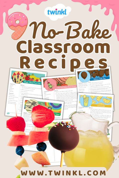 Teach your class how to make a whole range of tasty and nutritious treats using Twinkl's no-bake recipes for kids. Perfect for K-2 children, this pack includes a whopping nine recipes for kids to try in the classroom or at home. All you need to get baking is a copy of your chosen recipe, plus a handful of simple ingredients and utensils. No Bake Cooking In The Classroom, No Bake Classroom Recipes For Kids, Classroom Cooking Ideas No Bake, Cooking With Kids In The Classroom, Baker Baker Ideas For Kids School, No Bake Classroom Recipes, Cooking Crafts For Kids, Classroom Recipes For Kids, Cooking Activities For Preschoolers