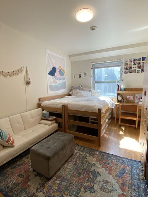 Couch Dorm Furniture Layout, College Room Layout Ideas, Two Dorm Beds Pushed Together, Two Twin Xl Beds Together Dorm, College Double Room Ideas, Single College Dorm Room Layout, Dorm Double Bed, Single Dorm Layout Ideas, Single Double Dorm Room Ideas