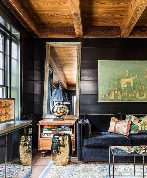 Jeffrey Dungan (@jeffreydungan) • Instagram photos and videos Jeffrey Dungan, Mountain House Decor, Basement Inspiration, Black Rooms, Old Stone Houses, Black Living Room, Wood Ceiling, Colored Ceiling, Dark Walls