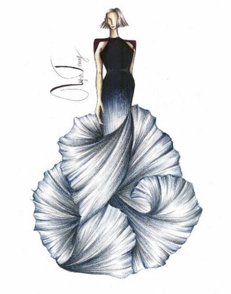 Ocean Waves. B.U.T design illustration. Uyen Truong fashion illustration Wave Dress Drawing, Wave Inspired Fashion, Monochromatic Fashion Illustration, Sea Fashion Design, Sea Inspired Fashion Illustration, Evening Wear Fashion Illustration, Fish Inspired Fashion, Ocean Inspired Dress, Ocean Inspired Fashion