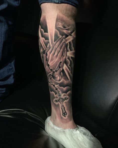 If you have been looking for unusual tattoo designs with praying hands for a long time, then our article is for you. We have collected 55+ of the most interesting and their meanings in human life. Calf Sleeve Tattoo Men, Tattoo Pierna Hombre, Simple Leg Tattoos, Beautiful Angel Tattoos, Cloud Tattoo Sleeve, Calf Tattoo Men, Arm Tattoos For Guys Forearm, Wing Tattoo Men, Tattoo Ideas Males