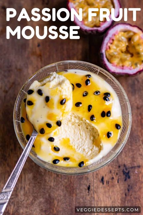 Passion Fruit Mousse is an airy, sweet, and tangy dessert made with just 4 ingredients. Quick and easy to make, it's a popular Brazilian dessert known as Mousse de Maracuja. Use fresh or frozen passionfruit pulp and serve this tropical treat poolside or at a summer BBQ! Passionfruit Dessert, Brazilian Dessert, Senior Banquet, Beach Dessert, Fruit Mousse, Passion Fruit Mousse, Desert Dessert, Passionfruit Recipes, Brazilian Desserts