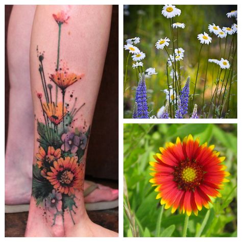 This but with Idaho wildflowers. Idaho Tattoos For Women, Oklahoma Wildflowers Tattoo, Wyoming Wildflowers Tattoo, Idaho Wildflowers Tattoo, State Flower Tattoo, Wild Flower Tattoo, Idaho Wildflowers, Idaho State Flower, Wildflower Tattoo