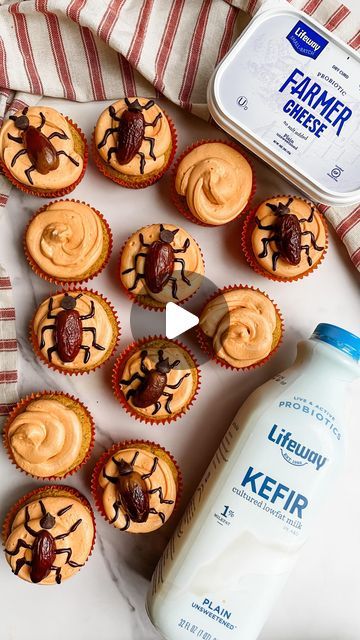 Stephanie Niemis on Instagram: "These cockroach cupcakes look creepy, but they’re delicious! The gluten free pumpkin spice cupcakes have a perfect texture and fall flavor 🎃.

⭐️ Follow for more simple, fun, healthier recipes ⭐️

I added @lifewaykefir 1% Plain Unsweetened Kefir to these cupcakes and it made them incredibly moist! I love Kefir because its fermented and has so many amazing health benefits (boosts your immune system, aides in digestive problems, improves bone health, and more).

🪳Cockroach Pumpkin Spice Cupcakes 🪳
(makes 12 cupcakes)
Cupcake Ingredients
- 1 ½ cups gluten free flour blend containing xanthan gum
- 3/4 cup monfruit sugar
- 1 tsp baking powder
- ½ tsp baking soda
- 1 tsp ground cinnamon
- 2 tsp pumkin pie spice (or 1 tsp cinnamon, 1/2 tsp nutmeg, 1/4 tsp ginger Cupcake Ingredients, Gluten Free Pumpkin Spice, Digestive Problems, Farmers Cheese, Gluten Free Flour Blend, 12 Cupcakes, Spice Cupcakes, Healthier Recipes, Pumpkin Spice Cupcakes