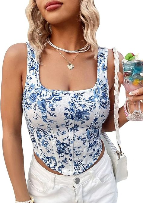 Amazon.com: Milumia Women's Floral Square Neck Curved Hem Corset Top Sleeveless Boho Crop Tank Tops Blue and White Small : Clothing, Shoes & Jewelry Floral Corset Top Outfit, Floral Corset Top, Floral Squares, Floral Sleeveless, Top Sleeveless, Corset Top, Cropped Tank Top, Crop Tank, Square Neck