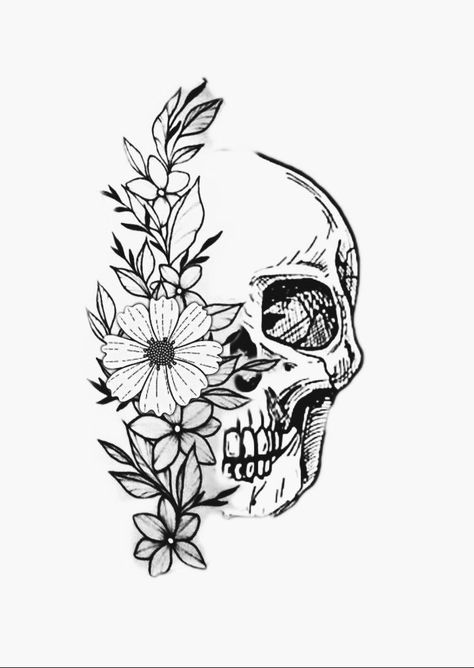 Skull With Lillies Tattoo, Monstera And Skull Tattoo, Laughing Emoji Drawing, Skull And Flower Tattoo Drawing, Half Skull Half Flower Tattoo, Skull And Flower Drawing, Skull With Flowers Tattoo, Skull And Flower Tattoo, Skull Flower Tattoo