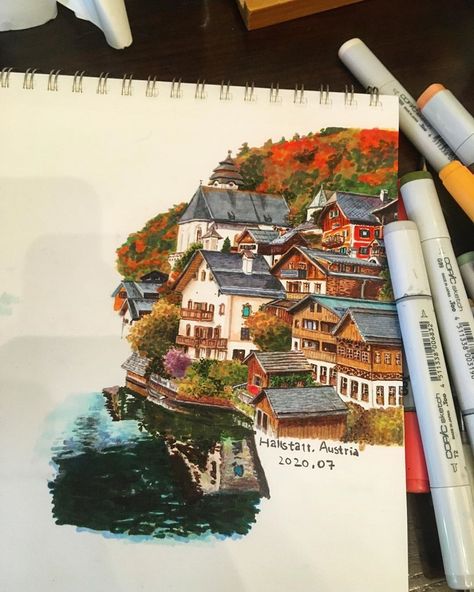 @copic_official_us shared a photo on Instagram: “Check out this beautiful drawing of Hallstatt, Austria! Did you know Hallstatt is a UNESCO World Heritage site and was built between a lake…” • Jul 19, 2020 at 9:00pm UTC Alcohol Markers Art, Austria Hallstatt, Hallstatt Austria, Ohuhu Markers, Art Markers, Copic Art, Architecture Drawing Art, Copic Sketch, Watercolor Painting Techniques