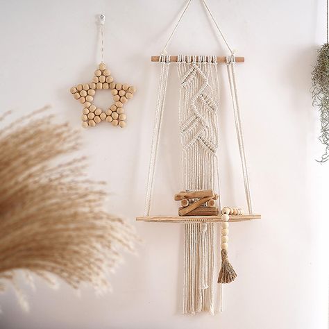 Store Home 丨Home, Furniture & DIY 丨Vehicle Parts & Accessories丨Mobile Phones & Communication 丨Garden & Patio丨Sporting Goods 丨Crafts 丨Collectables Macrame Wall Hanging Shelf Tapestry Wall Art Decor Backdrop Woven for House Description: Product Size: Approx 32cmx70cm/12.60inchx27.56in. Material: Made of high quality thread and wood material, strong, durable, and eco friendly decor, suitable for indoor use. Home Decor: This Bohemian macrame wall hanging can decorate your wall and make your home coz Hanging Potted Plants, Hanging Rope Shelves, Fabric Installation, Macrame Shelf, Boho Macrame Wall Hanging, Wall Hanging Shelves, Wood Rack, Bohemian Wall Decor, Bedroom Plants