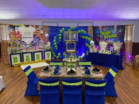 Boy Baby Shower Ideas Black People, Baby Shower Themes Black People, Fresh Prince Birthday Party Table, Fresh Prince Baby Shower Theme Boy, Fresh Prince Baby Shower Theme, Baby Shower Fresh Prince, Fresh Prince Baby Shower Invitations, Fresh Prince Baby Shower, Fresh Prince Theme