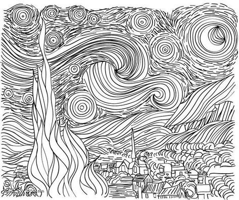 Starry Night Line Art Coloring Page - Van Gogh Coloring Pages Starry Night Line Art, Van Gogh Coloring, 3d Tipografi, Van Gogh Drawings, Art Du Croquis, Coloring Images, Arte Van Gogh, صفحات التلوين, The Starry Night