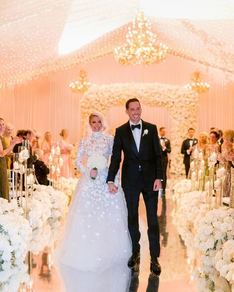 Inside Paris Hilton's Fairytale Wedding to Carter Reum | A feast for the eyes, from fashion to florals! High Neck Lace Wedding Dress, Hilton Wedding, Wedding Dress Necklace, Boho Princess, Princess Wedding Gown, Walk Down The Aisle, Nicky Hilton, Essense Of Australia, Long Sleeve Wedding Dress Lace