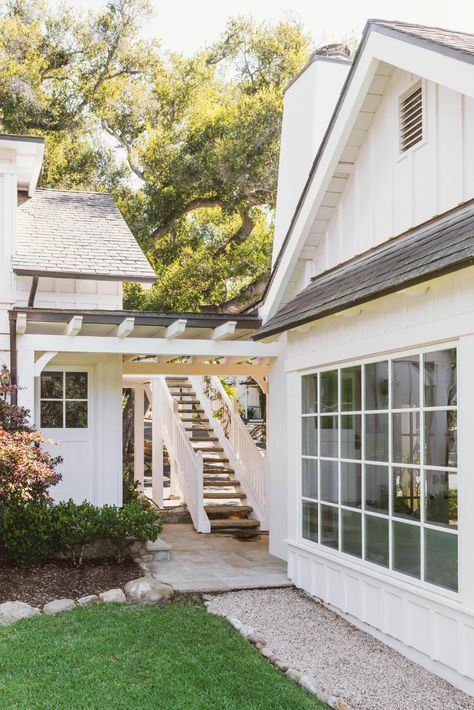 Santa Barbara Architecture, White Board And Batten Exterior, Cottage Architecture, California Cottage, Mountain Drive, Board And Batten Exterior, Exterior Home Design, House Addition, Garage Addition