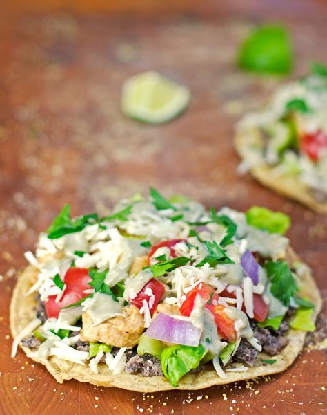 Chicken and Black Bean Tostadas with Avocado Cream Sauce - 2Teaspoons Sauteed Jalapenos, Black Bean Tostadas, Baked Tostadas, Avocado Cream Sauce, Bean Tostadas, Taco Taco, Avocado Ranch, Avocado Cream, Bowl Game