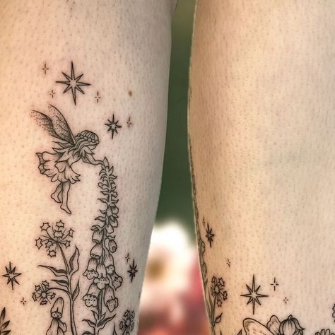 Rachel🌿🖋🍂 on Instagram: "Oh to live in a fairy garden surrounded by foxgloves and sitting on mushrooms🥲 had a class time doing this flash piece ankle wrap for the most wonderful client, yall may have seen it on my reel the other day but thought it deserved a closer look hehe! :) #tattoo #fineline #fairytattoo #fairycore #cottagecore #botanicaltattoo #mushroomtattoo" Toadstool Mushroom Tattoo, Fairy Ring Tattoo Ankle, Whimsical Fairy Tattoo Sleeve, Fairy Garden Ideas Tattoo, Fairy Ring Tattoo Elbow, Mushroom Garden Tattoo, Zelda Fairy Tattoo, Fairy Garden Tattoo Sleeve, Cute Fairy Tattoo