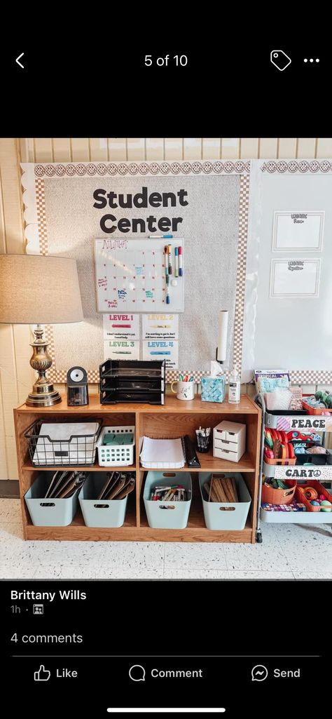 Learning Lab Classroom Decor, Student Supply Station Classroom, Classroom Set Up Middle School, Teachers Room Design, Classroom Desk Ideas, Highschool Teacher Aesthetic, Student Center In Classroom, Grade 5 Classroom Setup, High School History Classroom Decorating