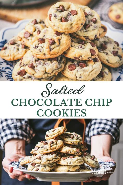 Soft and chewy with a hint of flaky sea salt to balance the sweetness, these easy salted chocolate chip cookies are the perfect dessert! Best of all, there's no need to chill the dough, so you can enjoy thick, warm, homemade chocolate chip cookies in less than 45 minutes. Salted Chocolate Chip Cookies Recipes, Salty Chocolate Chip Cookies, Best Choc Chip Cookies, Soft Chocolate Chip Cookies Recipe, Sea Salt Cookies, Salty Cookies, Milk Chocolate Chip Cookies, Salted Chocolate Chip Cookies, Chocolate Chip Pudding Cookies