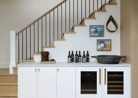 15 Basement Stair Ideas That Will Transform Your Space for Good Under Stairs Bar Ideas, Under Stairs Bar, Coffee And Wine Bar Ideas, Wine Bar Ideas, Small Coffee Bar Ideas, Ideas Under Stairs, Small Coffee Bar, Coffee And Wine Bar, Wood Railings For Stairs