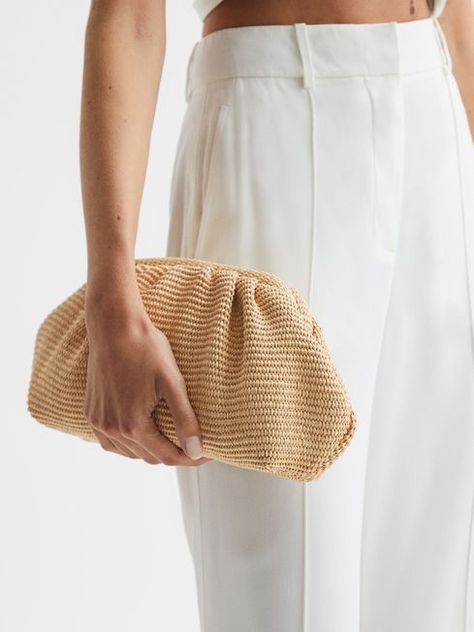 Clutch Design, Raffia Clutch, Neutral Bag, Wide Leg Jeans Cropped, Holiday Attire, Woven Raffia, Chunky Knitwear, Baby Slippers, Leopard Print Blouse