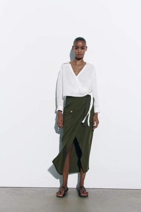 LIN BLEND PAREO MIDI SKIRT - Khaki | ZARA United States Wrap Skirt Outfit, Linen Wrap Skirt, Wrap Midi Skirt, Linen Skirt, Linen Clothes, Zara United States, Skirt Outfits, Wrap Skirt, Wrap Style