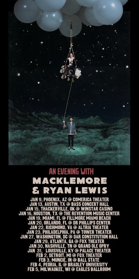 MACKLEMORE AND RYAN LEWIS ANNOUNCE 2016 TOUR, “AN EVENING WITH MACKLEMORE AND RYAN LEWIS” Tour Announcement, Announcement Poster, Macklemore, Music Centers, Tour Posters, Concert Hall, Concert Posters, Austin Tx, Miami Beach