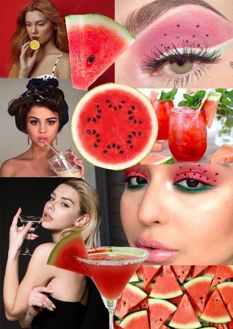 Mood board created inspired by the theme of Mixology. My chosen drink was a watermelon cocktail and I based my shoot on the watermelon fruit itself as well as it's colours. Watermelon Theme, Watermelon Cocktail, Classical Dress, Watermelon Fruit, Print Ideas, Fruit Pattern, Baby Photoshoot, Mixology, Colour Palette