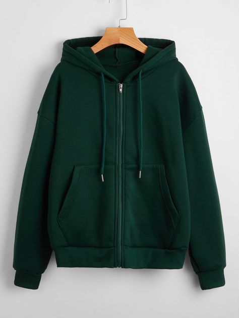 Dark Green Casual Collar Long Sleeve Fabric Plain Zip Up Embellished Slight Stretch Spring/Fall Women Clothing Zippered Cardigan, Lined Hoodie, Green Hoodie, Long Sleeves Coats, Loose Sweater, Short En Jean, Drawstring Hoodie, Hoodies For Sale, Zipper Hoodie