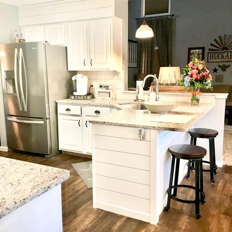 DIY kitchen makeover by @oh_kayteebee I transformed my kitchen from orange oak to farmhouse fresh with General Finishes “Snow White” milk paint, LVP, shiplap from Lowe’s and a little 💪🏼💪🏼💪🏼 Peninsula Ideas, Shiplap Kitchen, Kitchen Peninsula, Bespoke Kitchen Design, Signal Hill, Minimalist Kitchen Design, All White Kitchen, Best Kitchen Designs, White Granite