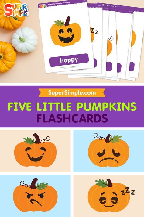 Practice emotions vocabulary and counting with the “Five Little Pumpkins.” Great for Halloween or anytime of year. Contains 10 Cards: smiling, happy, pouting, grumpy, yawning, sleepy, crying, sad, laughing, playing Emotions Vocabulary, Halloween Lesson Plans, Pumpkins Preschool, Five Little Pumpkins, Halloween Lesson, Emotions Cards, Classroom Songs, Pumpkin Printable, Pumpkin Cards