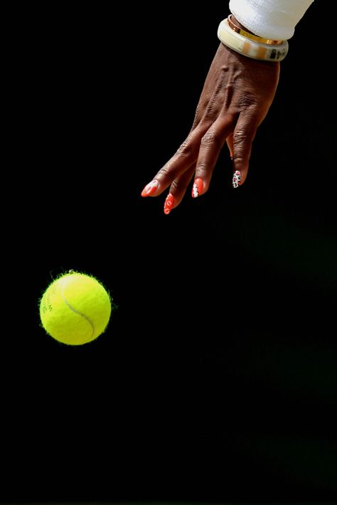 LONDON - The Championships Wimbledon ... Defending Champion & World #1 Serena Williams bounces the ball before serving up a 6-3, 6-2 win over Caroline Garcia in 67 mins. <3 Serena's Strawberry-colored Nail Art that looks like the comics #POW, Lightening Bolt, Animal Print. How's Nike #FuelBand liking that pic #TeamSerena ? Fuel Band, Caroline Garcia, Glam Slam, Tennis Balls, Serena Williams, Tennis Ball, Wimbledon, Nail Artist, Animal Print