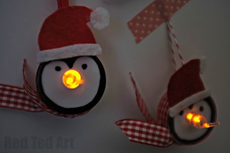 Tea Light Crafts, Tea Light Snowman, Penguin Christmas Ornaments, Red Ted Art, Penguin Crafts, Penguin Ornaments, Bazaar Crafts, For Christmas, Essential Oils Gifts