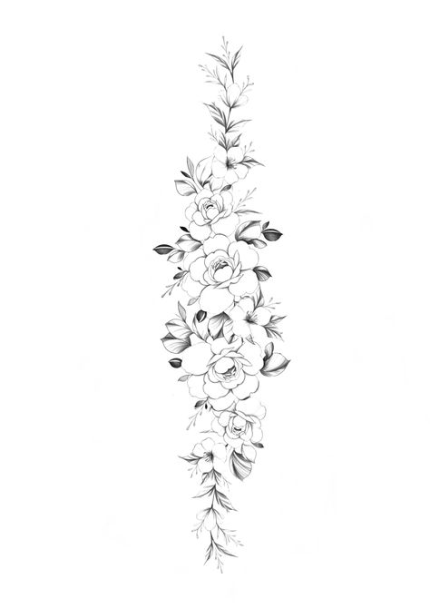 Floral Spine Tattoo Stencil, Peony Spine Tattoo, Spine Tattoos For Women Floral, Tattoo Designs Big, Flower Spine Tattoos For Women, Tattoos For Women Floral, Spine Flower Tattoo, Floral Spine Tattoo, Flower Spine Tattoos